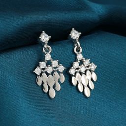 GIVA 925 Sterling Silver Rhodium-Plated Zircon Studded Floral Drop Earrings-image-10