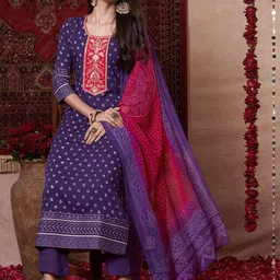 Anni Designer Bandhani Printed Round Neck Straight Kurta With Trouser And Dupatta image 4