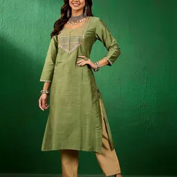 Sangria Floral Embroidered Round Neck Sequinned Straight Kurta-image-95