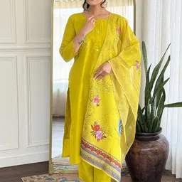 Pantos Ethnic Motifs Embroidered Mirror Work Pure Silk Kurta With Trousers & Dupatta-picture-40