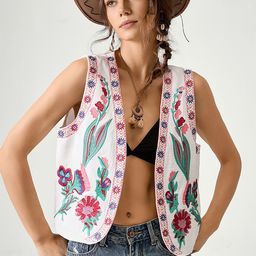 StyleCast Floral Embroidered Sleeveless Collarless Open Front Cotton Jacket With Patchwork-18