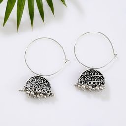 Sangria Silver Plated Oxidised Ghumgroo Hoop Earrings-11