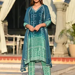 URMIR FASHION Women Blue Floral Printed Viscose Rayon Kurta With Salwar & Dupatta-8