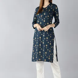 KALINI Geometric Printed Mandarin Collar Cotton Straight Kurta-picture-23