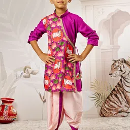 VASTRAMAY Boys Abstract Printed Angrakha Mandarin Collar Straight Kurta With Dhoti Pants-4