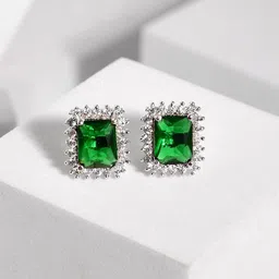 Voylla Sparkling Elegance Emerald Rhodium Plated American Diamond Studs-image-19
