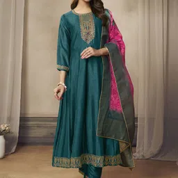 all about you Green Floral Embroidered Round Neck Anarkali Kurta With Trousers & Dupatta-12