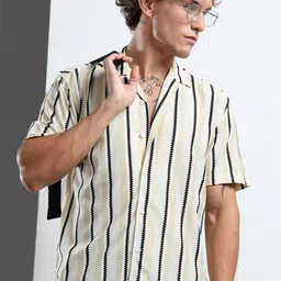 THE BEETEL HOUSE Men Vertical Striped Cuban Collar Casual Shirt-image-93