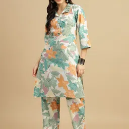 TRENDSWILL Floral Printed Shirt Collar Mirror Work Straight Kurta With Trousers-picture-56