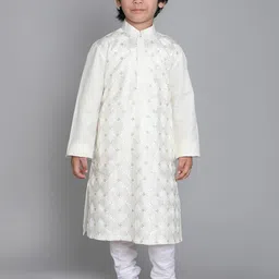 Little Clothings Boys Floral Embroidered Regular Thread Work Linen Kurta with Churidar-29