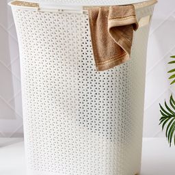 Home Centre Off White Wilton Royal Textured Laundry Hamper with Lid - 65L-53