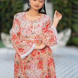 Rangreza Ethnic Floral Printed Thread Work Pure Cotton A-Line Kurta With Sharara-15