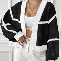 StyleCast x Revolte Black & White Striped Open Front Shrug image 1