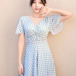 LULU & SKY Checked Printed Knot-Detail V-Neck Swimming Dress-22