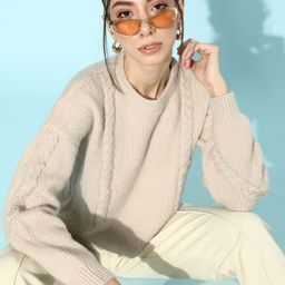 STREET 9 Women Cream-Coloured Acrylic Ribbed Pullover-image-99