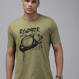 Roadster Men Olive Green & Black Brand Logo Printed Pure Cotton T-shirt-image-10