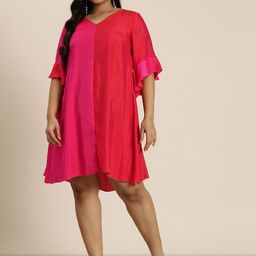 Qurvii+ Plus Size Colourblocked Bell Sleeves A-Line Dress-image-20