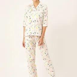 Rapra The Label Women White & Green Printed Pure Cotton Pyajamas Set with Eye Mask-image-78