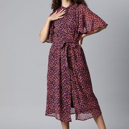 plusS Women Black & Orange Animal Print Batwing Sleeves Midi Dress with Tie Up Belt-image-46
