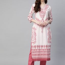 Readiprint Fashions Women White Floral Printed Mirror Work Pure Cotton Kurta with Trousers-26