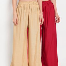 TAG 7 Women Set of 2 Maroon & Beige Solid Flared Palazzos-24