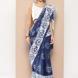 Yufta Blue Ethnic Motifs Voile Block Print Saree-image-83