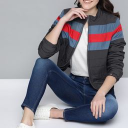 Mast & Harbour Women Charcoal Grey & Blue Striped Padded Jacket-picture-34