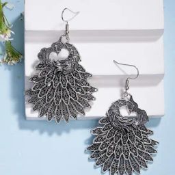 NVR Silver Toned Oxidized Peacock Drop Earrings-15