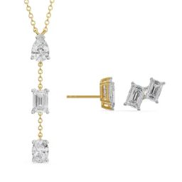 EMORI 18k (750) Yellow Gold Emerald Tri Diamond Necklace & Earring Set-image-47