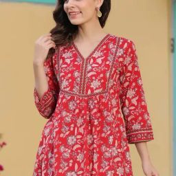 Rain and Rainbow Red Cotton Floral Print A Line Kurti-image-29