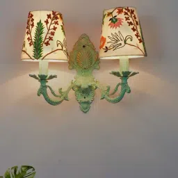 FOS LIGHTING Distressed White & Green Aluminium 2-In-1 Wall Sconce With Fabric Shades-image-52