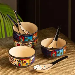 ExclusiveLane 'Soupy Huts' Handpainted Ceramic Microwave Safe 260 ML Soup Bowl With Spoon (Set of 4)-16