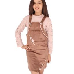 Cutecumber Kids Brown & Pink Embroidered Full Sleeves Dress-image-59