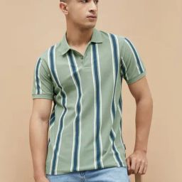 Fame Forever By Lifestyle Sage Green Regular Fit Striped Polo T-Shirt-image-80