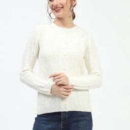 MADAME Off White Self Design Cardigan-image-81