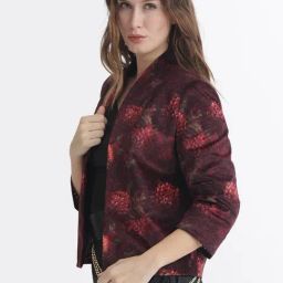RAREISM Maroon Velvet Printed Three-Quarter Sleeves Shrug-46