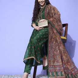 Varanga Women Floral Printed Thread Work Chanderi Silk Kurta with Trousers & With Dupatta-image-74