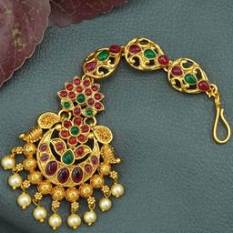 Diksha collection Brass-Plated Stone-Studded & Beaded Maang Tikka-image-75