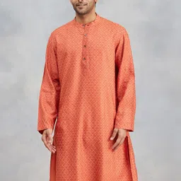 Fabindia Geometric Woven Design Band Collar Viscose Silk Straight Kurta-image-48