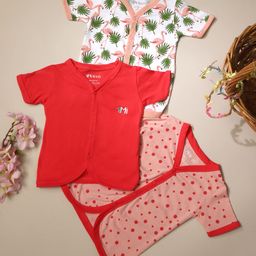 Mi Arcus Baby Girl Cotton Half Sleeves Polka Dot & Flamingo Printed Vest Pack of 3 Red & Peach-image-63