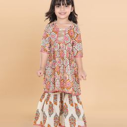 Adiva Three Fourth Sleeves Floral Motif Print Kurti With Sharara - White-image-79