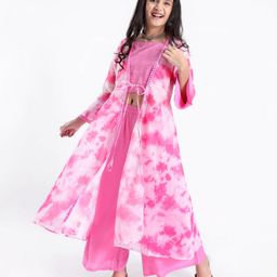 Pine Kids Three Fourth Sleeves Embroidered Tie and Dye Kurti Churidar Set with Shrug - Pink-image-86