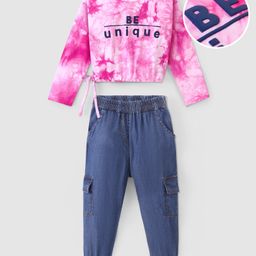 Ollington St. 100% Cotton Full Sleeves Winter Wear Top & Stretchable Denim Jogger Set with Tie & Dye Floral Print - Pink & Indigo-image-69