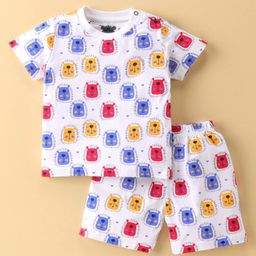 Mini Tauras Cotton Knit Half Sleeves Night Suit Lion Print - Red & White-image-52