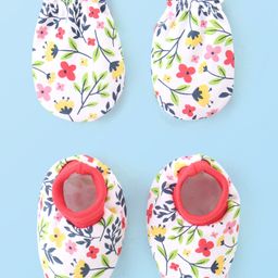 Babyhug 100% Cotton Mittens & Booties with Floral Print - White-image-89