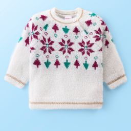 Babyhug Knitted Full Sleeves Pullover Sweater with Floral Design - Off White-image-99