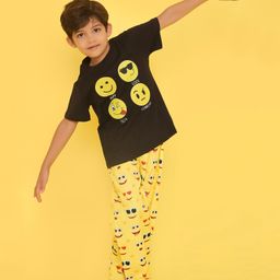 Knitting Doodles Pure Cotton Knitted Half Sleeves T Shirt With Woven Cotton Emoji Faces Print And Pyjama Set - Black And Yellow-image-20