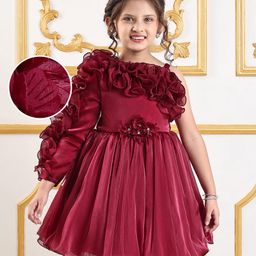 Mark & Mia FrillSleeves Solid Colour Party Frock with Floral Applique & Frill Detailing - Maroon-image-58