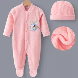Kookie Kids Full Sleeves Footed Romper With Vehicle Embroidery & Hat - Peach-picture-45