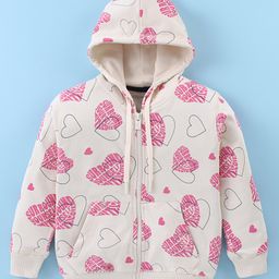 Doreme Terry Knit Full Sleeves Front Open Hooded Sweat Jacket With Hearts Print & Kangaroo Pockets - Offwhite-picture-2